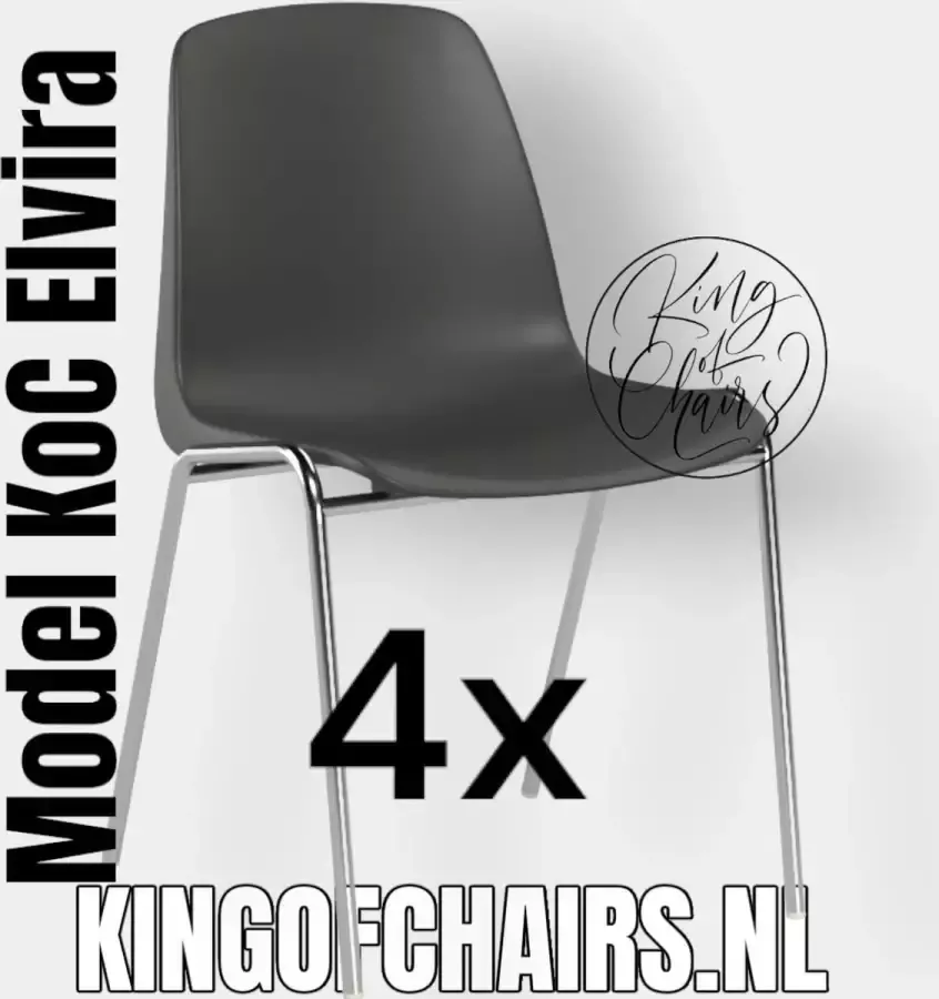 King of Chairs -set van 4- model KoC Elvira antraciet met verchroomd onderstel. Kantinestoel stapelstoel kuipstoel vergaderstoel tuinstoel kantine stoel stapel kantinestoelen stapelstoelen kuipstoelen stapelbare keukenstoel Helene eetkamerstoel