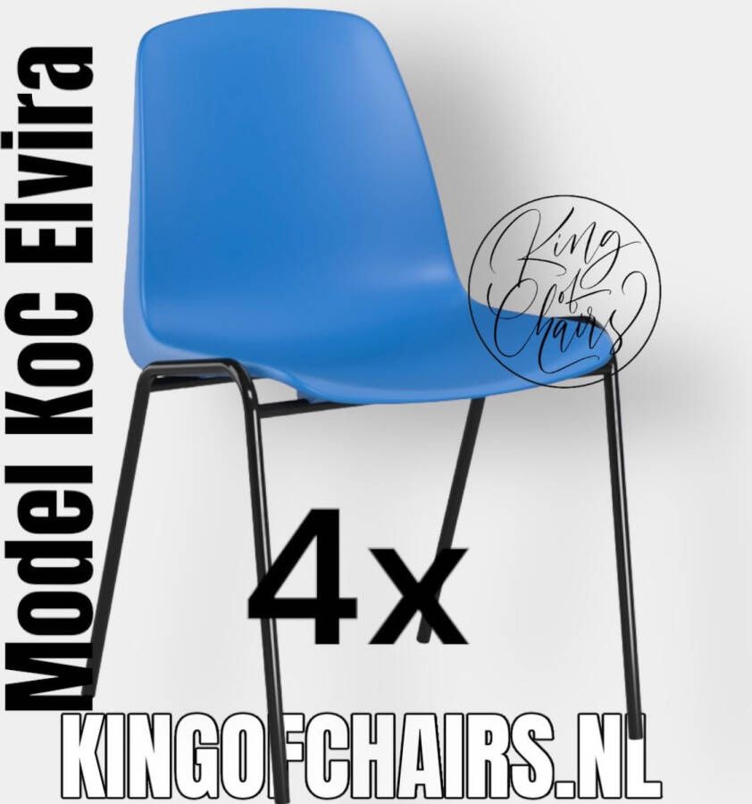 King of Chairs -set van 4- model KoC Elvira azuurblauw met zwart onderstel. Kantinestoel stapelstoel kuipstoel vergaderstoel tuinstoel kantine stoel stapel kantinestoelen stapelstoelen kuipstoelen stapelbare keukenstoel Helene eetkamerstoel