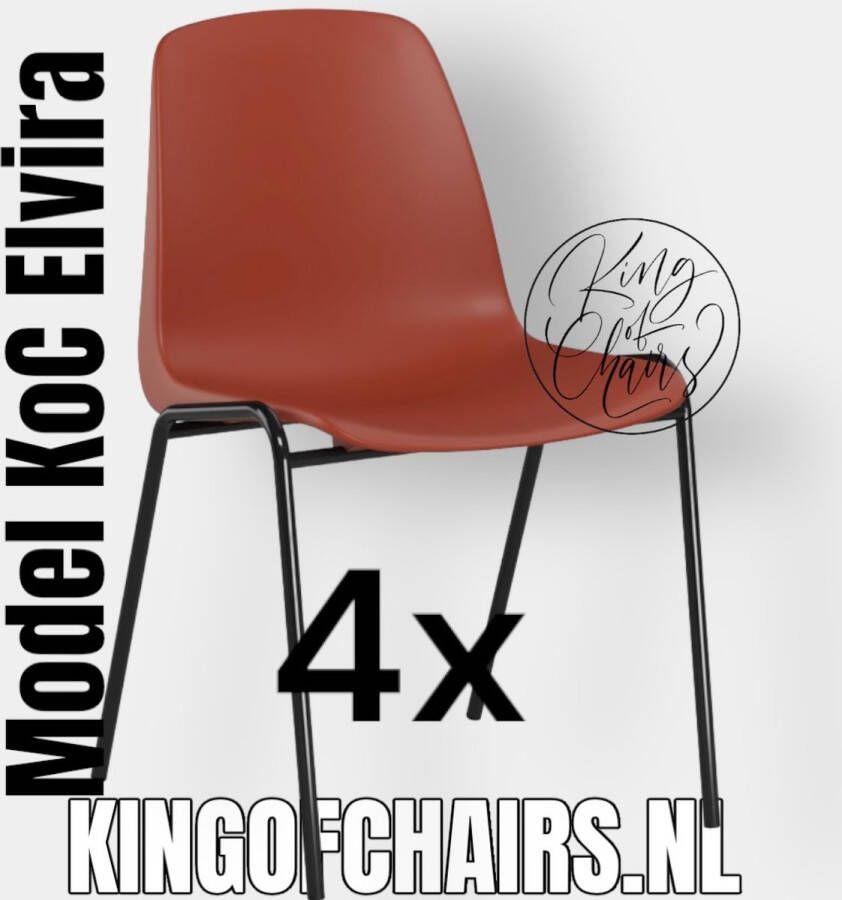 King of Chairs -set van 4- model KoC Elvira steenrood met zwart onderstel. Kantinestoel stapelstoel kuipstoel vergaderstoel tuinstoel kantine stoel stapel kantinestoelen stapelstoelen kuipstoelen stapelbare keukenstoel Helene eetkamerstoel