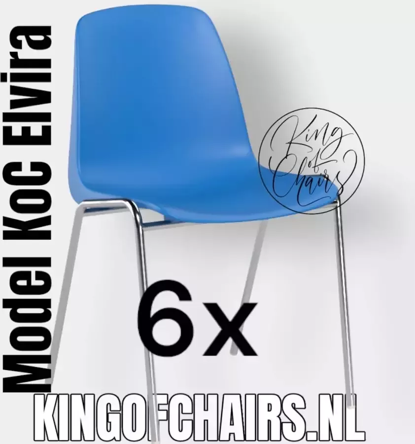 King of Chairs -set van 6- model KoC Elvira azuurblauw met verchroomd onderstel. Kantinestoel stapelstoel kuipstoel vergaderstoel tuinstoel kantine stapel stoel kantinestoelen stapelstoelen kuipstoelen arenastoel kerkstoel schoolstoel bezoekersstoel