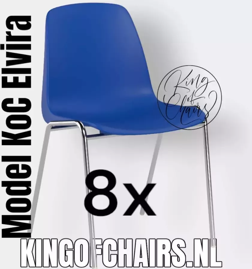 King of Chairs -set van 8- model KoC Elvira blauw met verchroomd onderstel. Kantinestoel stapelstoel kuipstoel vergaderstoel tuinstoel kantine stapel stoel kantinestoelen stapelstoelen kuipstoelen arenastoel Helene schoolstoel bezoekersstoel