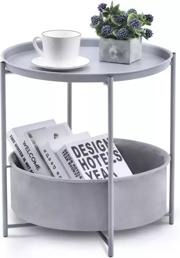 Kingrack Koffie Ronde Tafel Metalen Nachtkastje Sofa Bijzettafel Nachtkastje met Afneembare Dienblad Top en Stof Opbergmand Scandi Stijl Lamp Tafel voor Woonkamer Slaapkamer