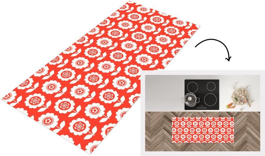 KitchenYeah Keukenloper 120x50 cm Keukenmat vinyl Bloemen Patroon Rood Keukenmatten loper Keuken vloerkleed tapijt