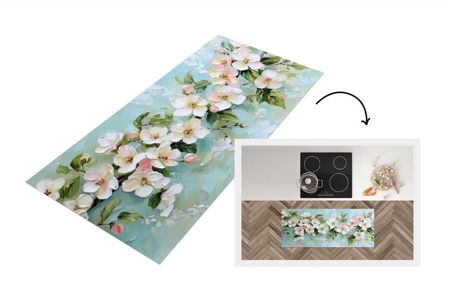 KitchenYeah Keukenloper 120x50 cm Keukenmat vinyl Bloesem Bladeren Lichtblauw Keukenmatten loper Keuken vloerkleed tapijt