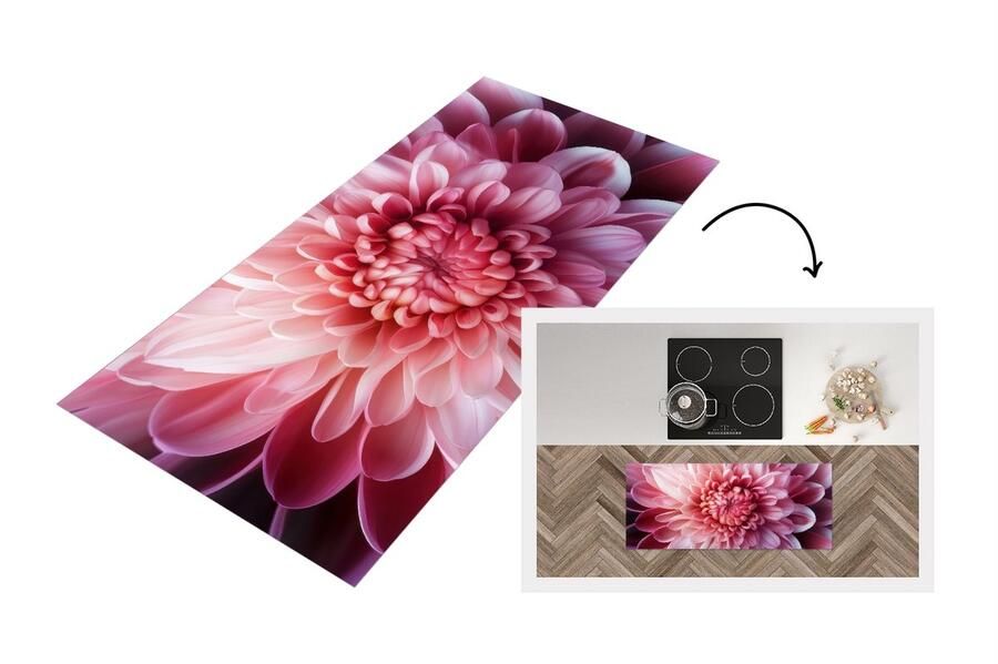 KitchenYeah Keukenloper 120x50 cm Keukenmat vinyl Dahlia Bloem Close up Roze Keukenmatten loper Keuken vloerkleed tapijt