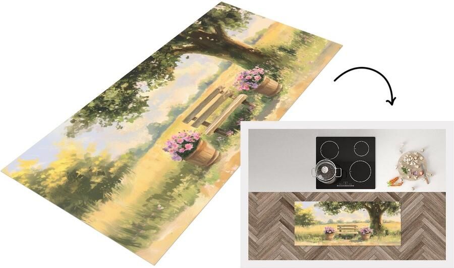 KitchenYeah Keukenloper 120x50 cm Keukenmat vinyl Houten bankje Bloempotten Landschap Keukenmatten loper Keuken vloerkleed tapijt