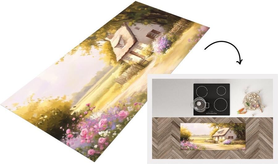 KitchenYeah Keukenloper 120x50 cm Keukenmat vinyl Huisje Hout Bloemen Keukenmatten loper Keuken vloerkleed tapijt