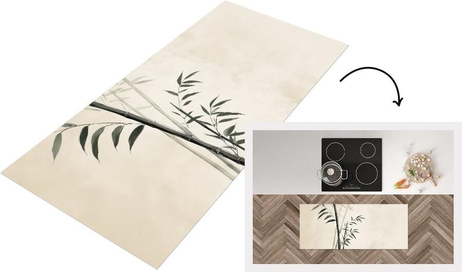 KitchenYeah Keukenloper 120x50 cm Keukenmat vinyl Japandi Bamboe Beige Keukenmatten loper Keuken vloerkleed tapijt