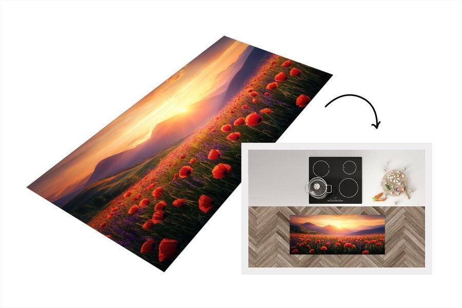 KitchenYeah Keukenloper 120x50 cm Keukenmat vinyl Landschap Zonsondergang Bloemenveld Keukenmatten loper Keuken vloerkleed tapijt