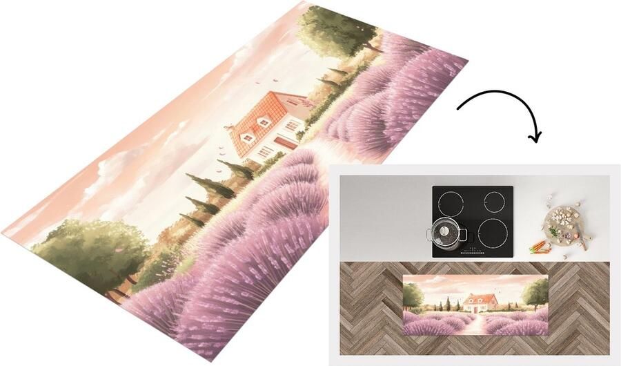 KitchenYeah Keukenloper 120x50 cm Keukenmat vinyl Lavendelveld Huis Paars Keukenmatten loper Keuken vloerkleed tapijt