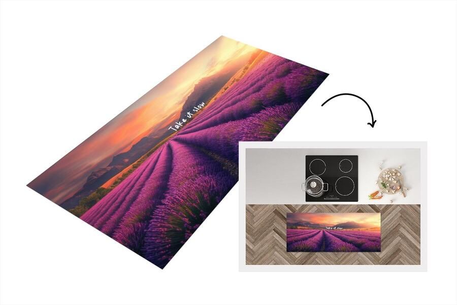 KitchenYeah Keukenloper 120x50 cm Keukenmat vinyl Lavendelveld Quote Zonsondergang Keukenmatten loper Keuken vloerkleed tapijt