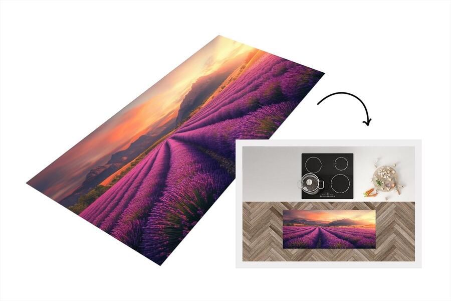 KitchenYeah Keukenloper 120x50 cm Keukenmat vinyl Lavendelveld Zonsondergang Paars Keukenmatten loper Keuken vloerkleed tapijt