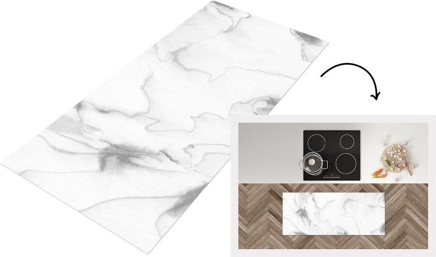 KitchenYeah Keukenloper 120x50 cm Keukenmat vinyl Marmer Grijs Wit Abstract Marmerlook Keukenmatten loper Keuken vloerkleed tapijt