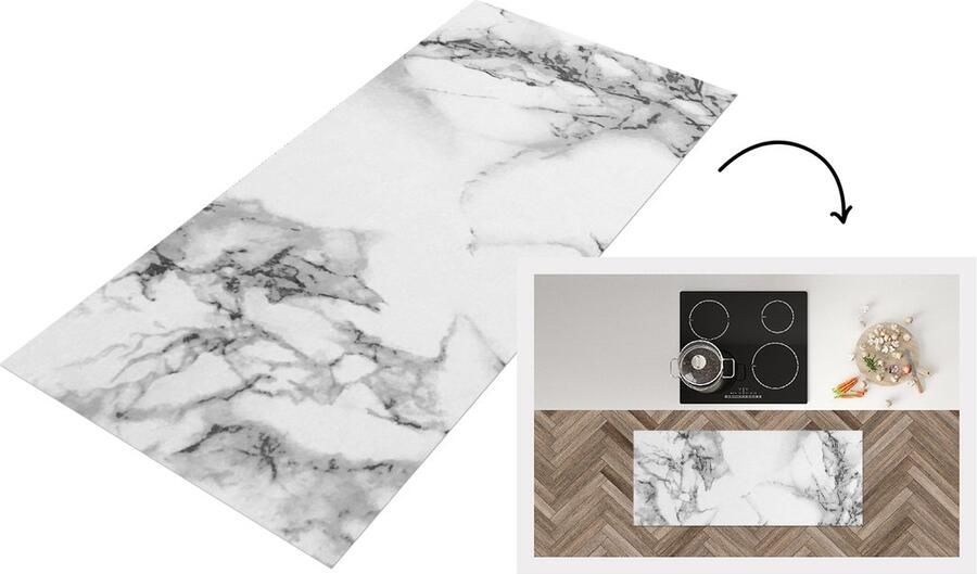 KitchenYeah Keukenloper 120x50 cm Keukenmat vinyl Marmer Steen Wit Grijs Zwart Marmerlook Keukenmatten loper Keuken vloerkleed tapijt