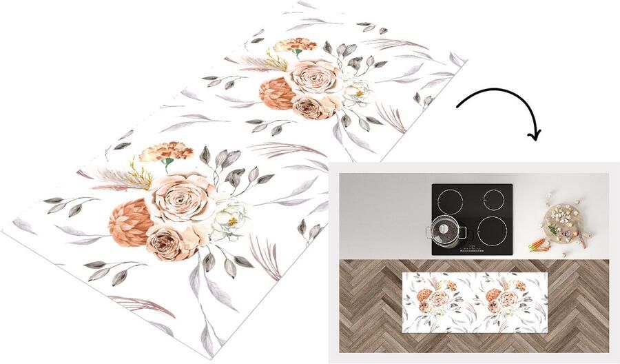 KitchenYeah Keukenloper 120x50 cm Keukenmat vinyl Patronen Bloemen Roos Wit Keukenmatten loper Keuken vloerkleed tapijt