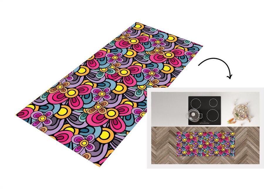 KitchenYeah Keukenloper 120x50 cm Keukenmat vinyl Patroon Hippie Bloemen Paars Keukenmatten loper Keuken vloerkleed tapijt