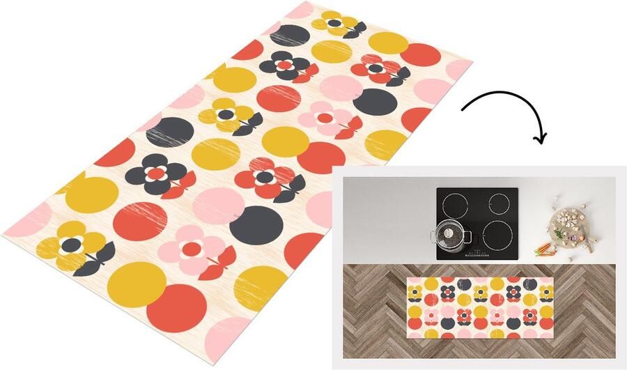 KitchenYeah Keukenloper 120x50 cm Keukenmat vinyl Retro Design Bloemen Pastel Keukenmatten loper Keuken vloerkleed tapijt