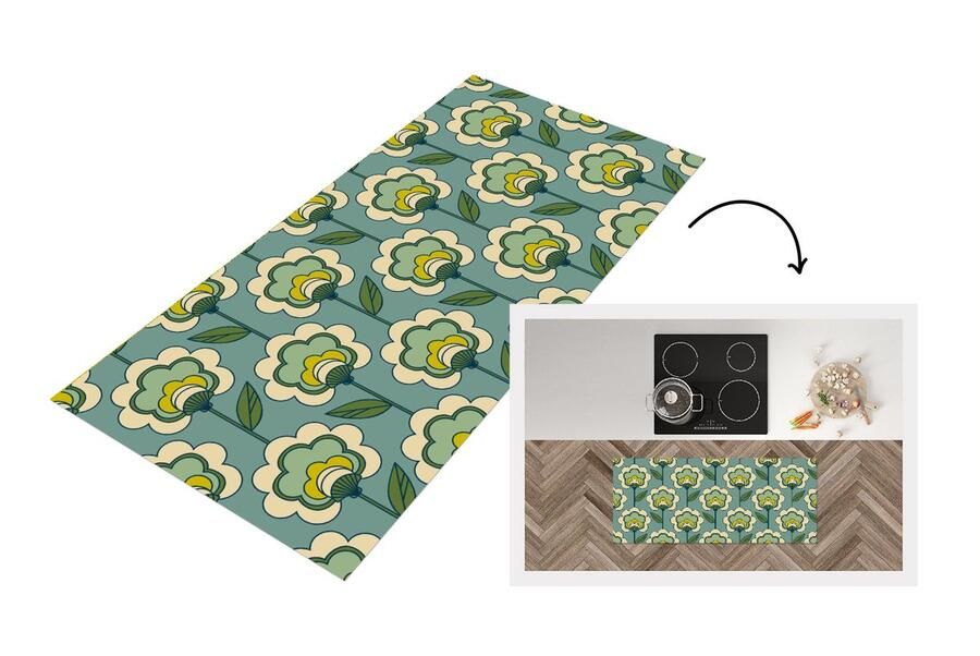 KitchenYeah Keukenloper 120x50 cm Keukenmat vinyl Retro Design Jaren 70 Bloem Keukenmatten loper Keuken vloerkleed tapijt