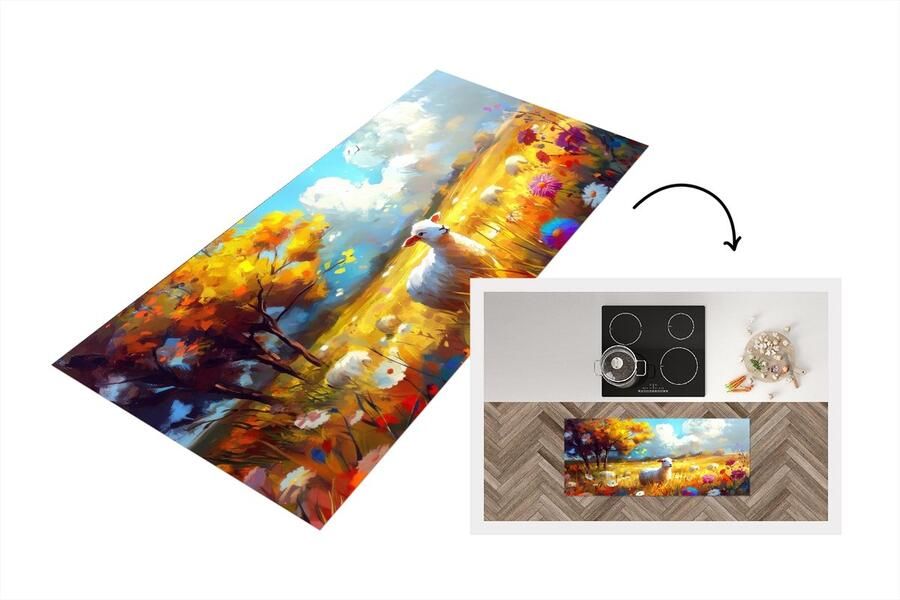 KitchenYeah Keukenloper 120x50 cm Keukenmat vinyl Schaap Weide Bloemen Keukenmatten loper Keuken vloerkleed tapijt