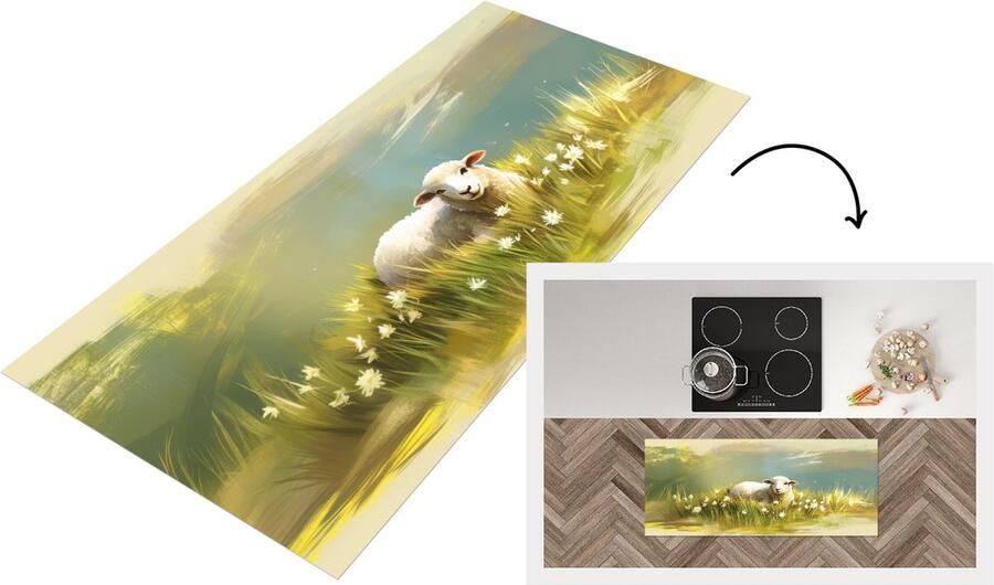 KitchenYeah Keukenloper 120x50 cm Keukenmat vinyl Schaap Weide Groen Keukenmatten loper Keuken vloerkleed tapijt