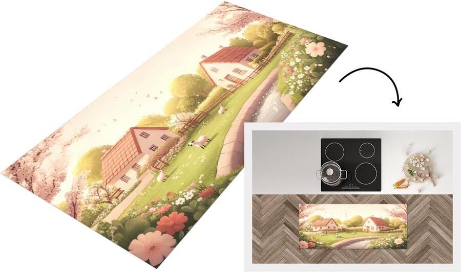 KitchenYeah Keukenloper 120x50 cm Keukenmat vinyl Schapen Huisje Platteland Keukenmatten loper Keuken vloerkleed tapijt