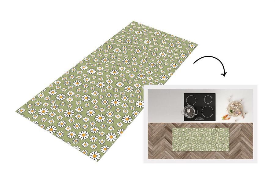 KitchenYeah Keukenloper 120x50 cm Keukenmat vinyl Vintage Patronen Bloemen Madelief Keukenmatten loper Keuken vloerkleed tapijt