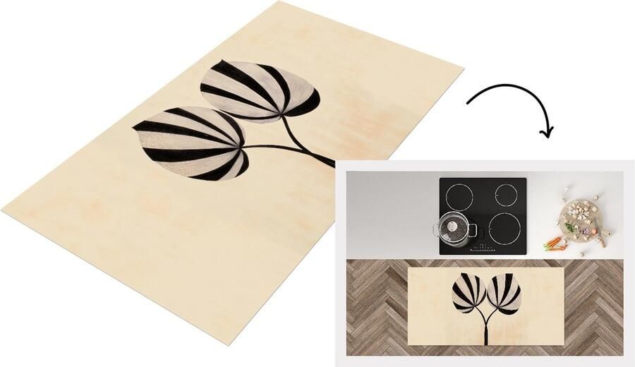 KitchenYeah Keukenloper 120x60 cm Keukenmat vinyl Bladeren Gestreept Stengel Beige Keukenmatten loper Keuken vloerkleed tapijt