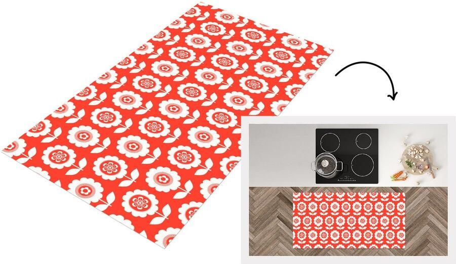 KitchenYeah Keukenloper 120x60 cm Keukenmat vinyl Bloemen Patroon Rood Keukenmatten loper Keuken vloerkleed tapijt