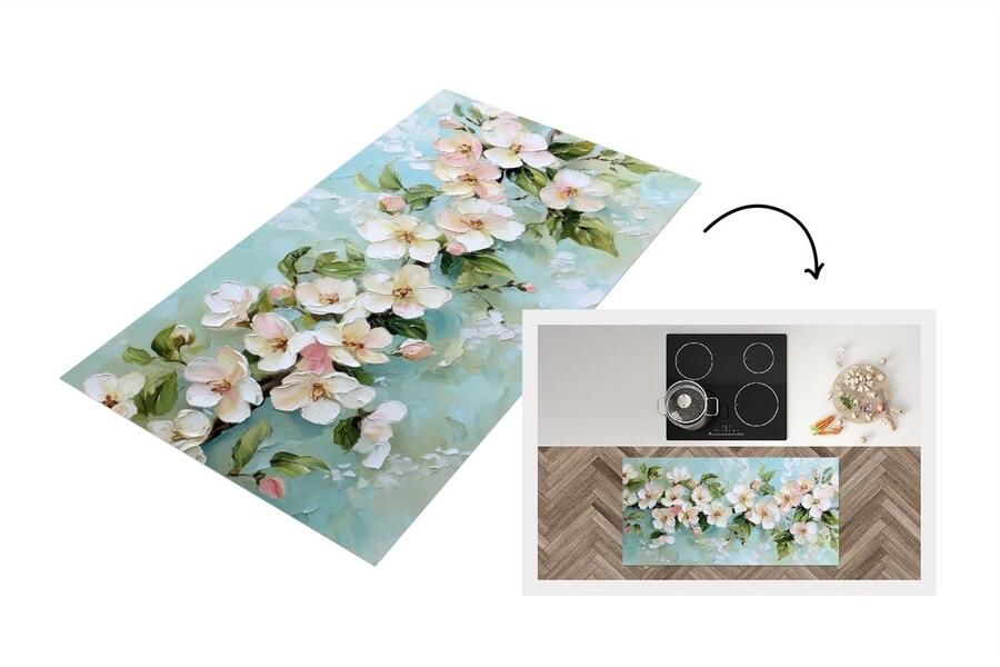 KitchenYeah Keukenloper 120x60 cm Keukenmat vinyl Bloesem Bladeren Lichtblauw Keukenmatten loper Keuken vloerkleed tapijt