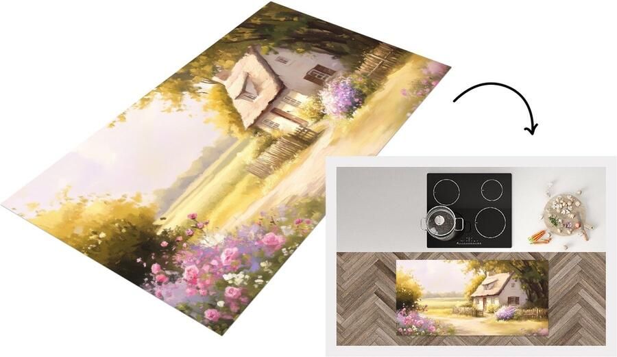 KitchenYeah Keukenloper 120x60 cm Keukenmat vinyl Huisje Hout Bloemen Keukenmatten loper Keuken vloerkleed tapijt