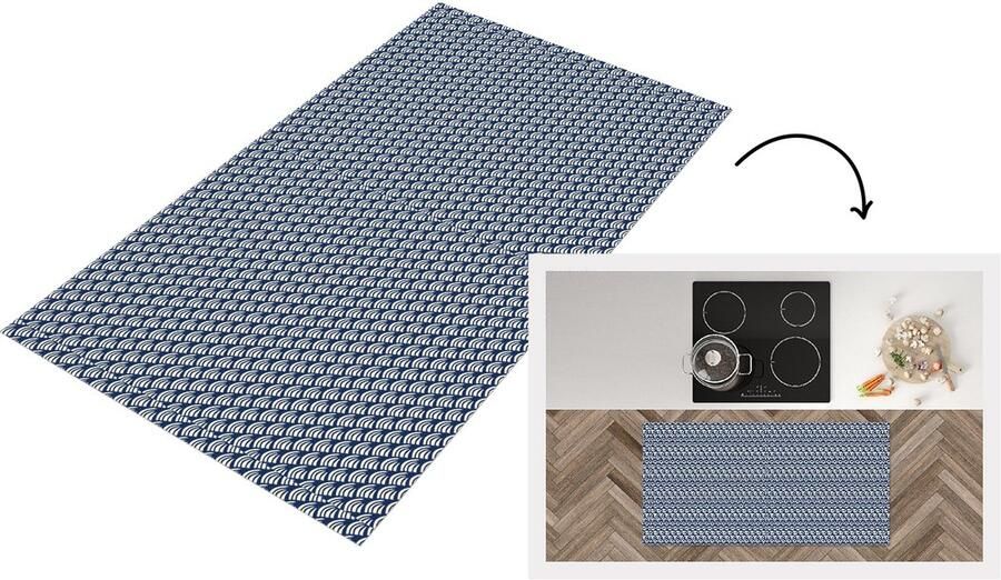 KitchenYeah Keukenloper 120x60 cm Keukenmat vinyl Japan Blauw Wit Patronen Keukenmatten loper Keuken vloerkleed tapijt