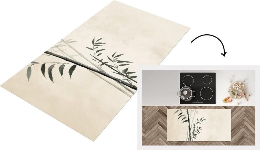 KitchenYeah Keukenloper 120x60 cm Keukenmat vinyl Japandi Bamboe Beige Keukenmatten loper Keuken vloerkleed tapijt