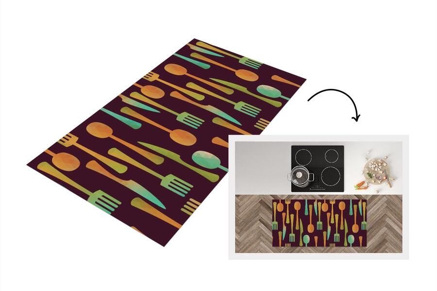 KitchenYeah Keukenloper 120x60 cm Keukenmat vinyl Keukengerei Patroon Retro Keukenmatten loper Keuken vloerkleed tapijt