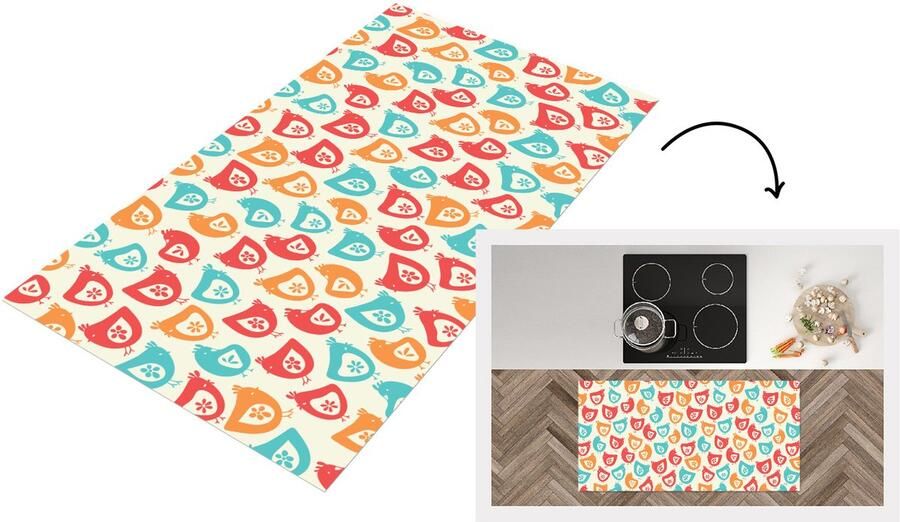 KitchenYeah Keukenloper 120x60 cm Keukenmat vinyl Kip Patroon Bloemen Keukenmatten loper Keuken vloerkleed tapijt