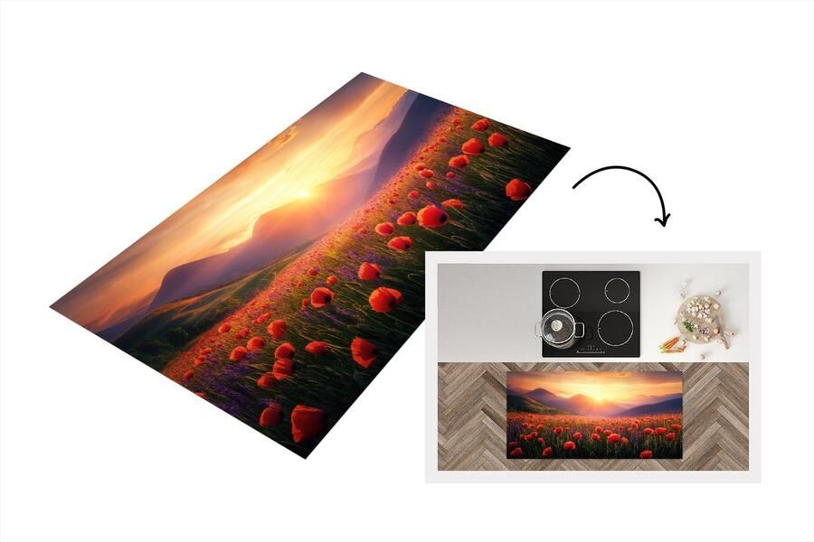 KitchenYeah Keukenloper 120x60 cm Keukenmat vinyl Landschap Zonsondergang Bloemenveld Keukenmatten loper Keuken vloerkleed tapijt