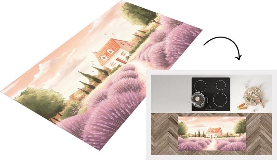 KitchenYeah Keukenloper 120x60 cm Keukenmat vinyl Lavendelveld Huis Paars Keukenmatten loper Keuken vloerkleed tapijt