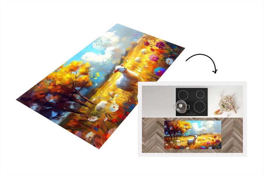 KitchenYeah Keukenloper 120x60 cm Keukenmat vinyl Schaap Weide Bloemen Keukenmatten loper Keuken vloerkleed tapijt