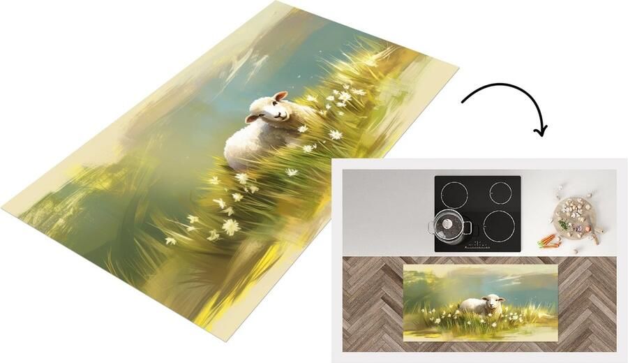 KitchenYeah Keukenloper 120x60 cm Keukenmat vinyl Schaap Weide Groen Keukenmatten loper Keuken vloerkleed tapijt