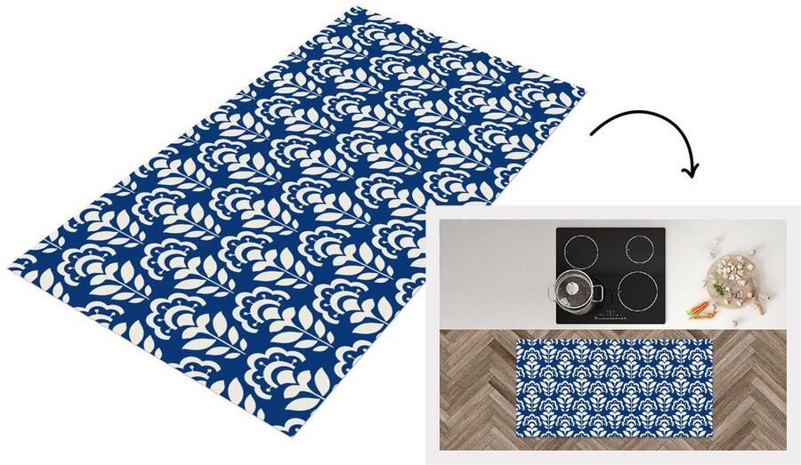 KitchenYeah Keukenloper 120x60 cm Keukenmat vinyl Zonnebloem Blauw Design Keukenmatten loper Keuken vloerkleed tapijt
