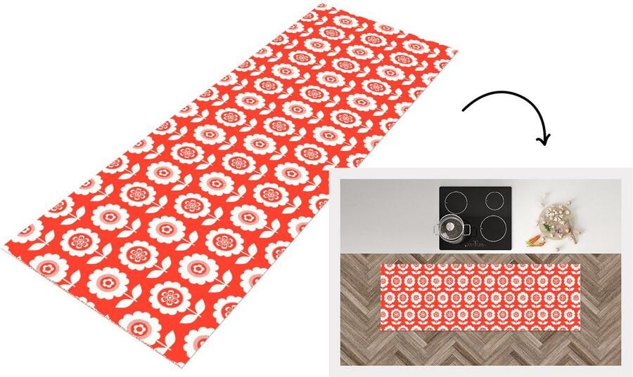 KitchenYeah Keukenloper 180x60 cm Keukenmat vinyl Bloemen Patroon Rood Keukenmatten loper Keuken vloerkleed tapijt