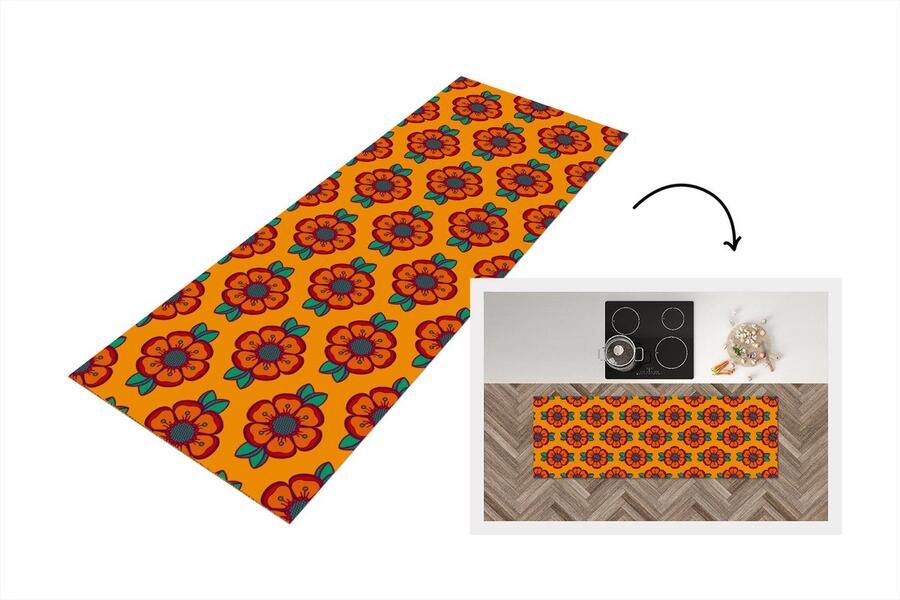 KitchenYeah Keukenloper 150x50 cm Keukenmat vinyl Design Retro Rozen Oranje Keukenmatten loper Keuken vloerkleed tapijt