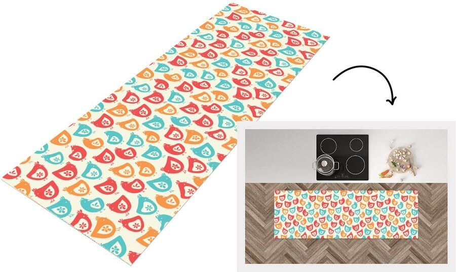 KitchenYeah Keukenloper 150x50 cm Keukenmat vinyl Kip Patroon Bloemen Keukenmatten loper Keuken vloerkleed tapijt