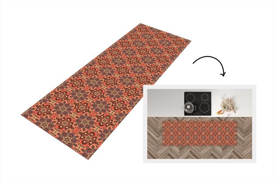 KitchenYeah Keukenloper 180x60 cm Keukenmat vinyl Mandala Bloemen Patroon Retro Keukenmatten loper Keuken vloerkleed tapijt