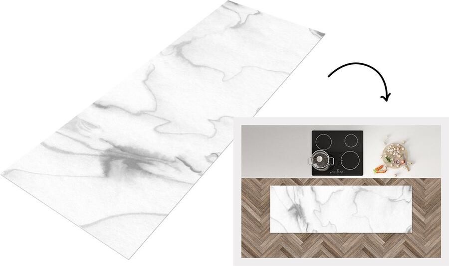 KitchenYeah Keukenloper 180x60 cm Keukenmat vinyl Marmer Grijs Wit Abstract Marmerlook Keukenmatten loper Keuken vloerkleed tapijt