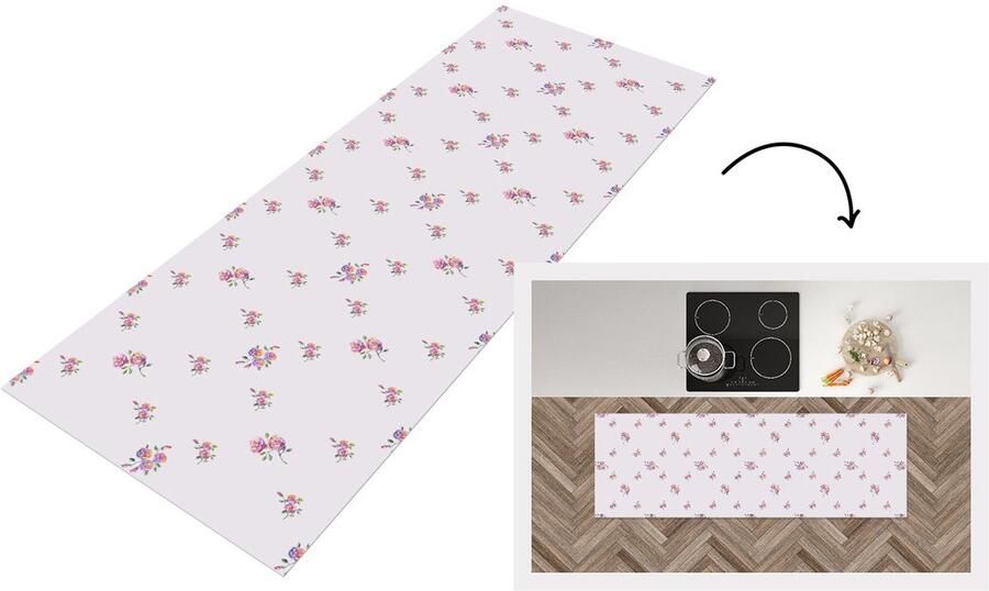 KitchenYeah Keukenloper 180x60 cm Keukenmat vinyl Patroon Rozen Bloemen Keukenmatten loper Keuken vloerkleed tapijt
