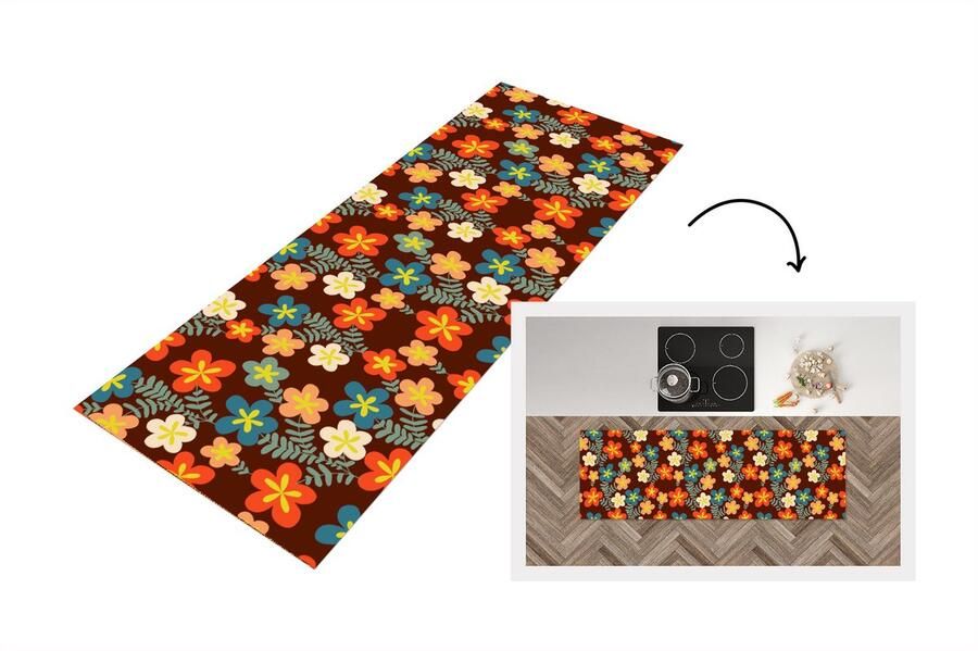 KitchenYeah Keukenloper 180x60 cm Keukenmat vinyl Retro Patronen Bloemen Jaren 70 Keukenmatten loper Keuken vloerkleed tapijt