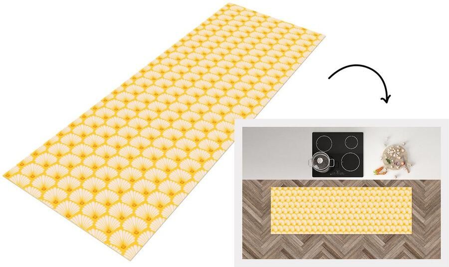 KitchenYeah Keukenloper 180x60 cm Keukenmat vinyl Art Deco Design Schelp Geel Keukenmatten loper Keuken vloerkleed tapijt