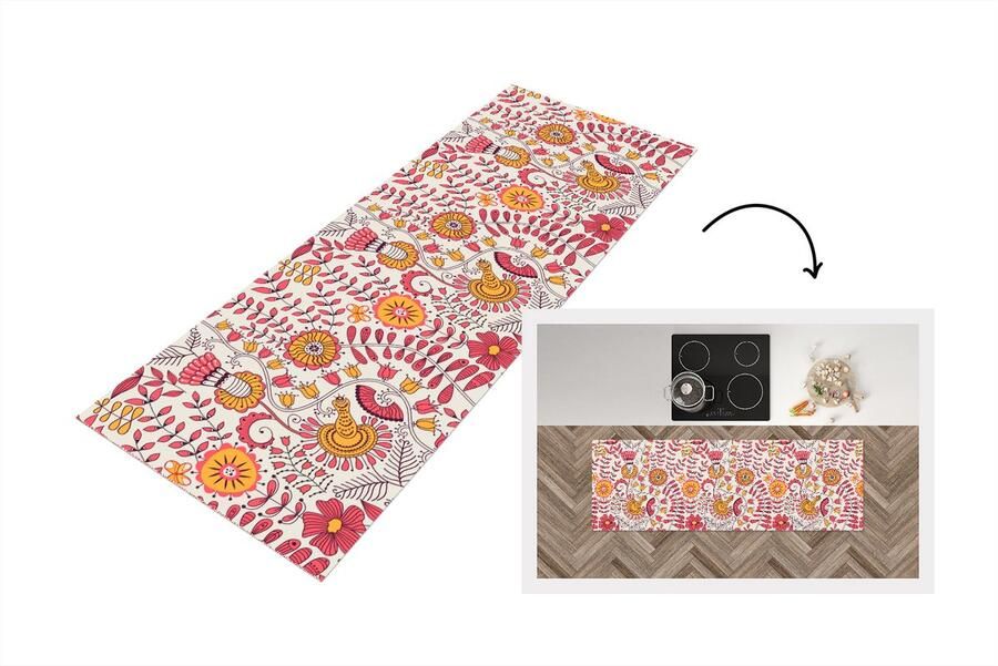 KitchenYeah Keukenloper 180x60 cm Keukenmat vinyl Bloemen Design Roze Oranje Keukenmatten loper Keuken vloerkleed tapijt