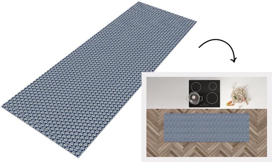 KitchenYeah Keukenloper 150x50 cm Keukenmat vinyl Japan Blauw Wit Patronen Keukenmatten loper Keuken vloerkleed tapijt