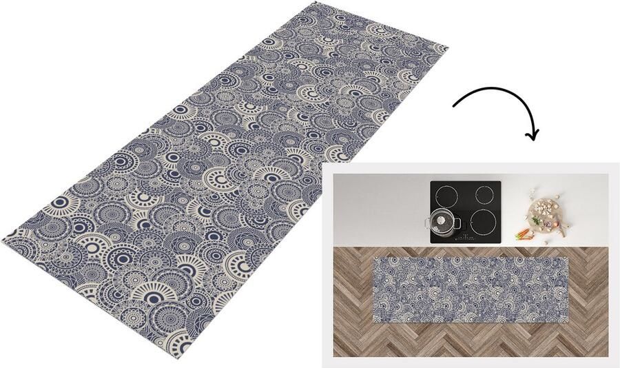 KitchenYeah Keukenloper 150x50 cm Keukenmat vinyl Mandala Blauw Patroon Keukenmatten loper Keuken vloerkleed tapijt